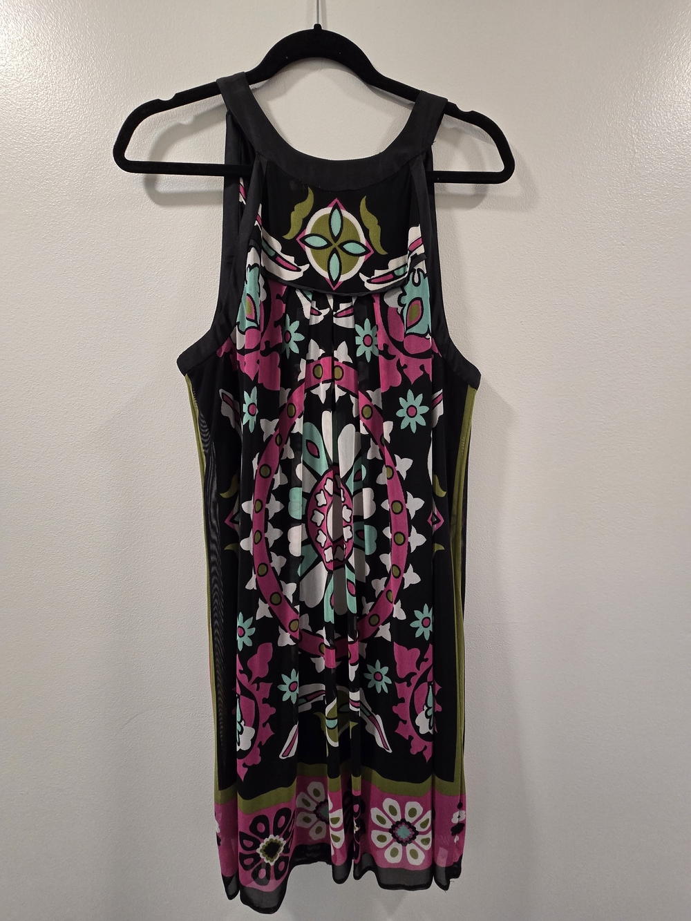 Nicole by Nicole Miller Black Mini Dress with Pink & Teal Medallion Print
